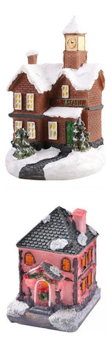 2pcs Lighted House Statue Ornament Light Village Set