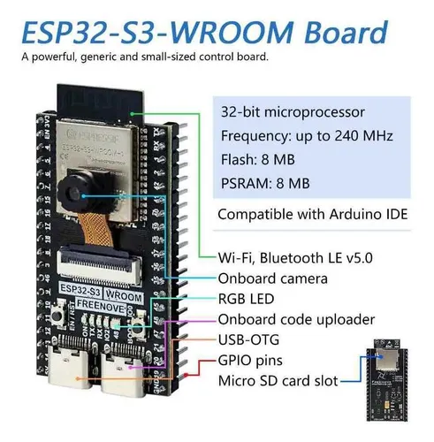 Tarjeta Freenove Esp32 S3 Wrover + Camara Ov2640 + Memoria