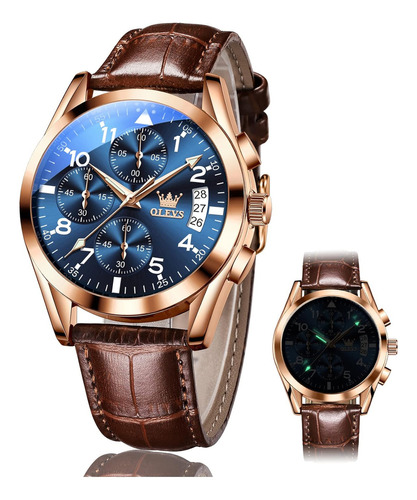 Reloj Olevs 2878pz-ml Es De Cuarzo Cronógrafo De Hombres , Color de la correa Marrón Color del bisel Dorado Color del fondo Azul