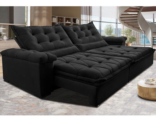 Sofá Retrátil 2,95m Cama Inbox Big Fresh. Com Softgel d40 Cor Preto