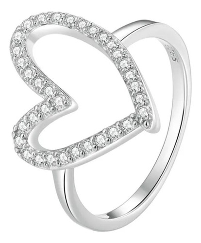 Anillo Diseño Corazón Microcircón Blanco,  Plata De Ley 925.