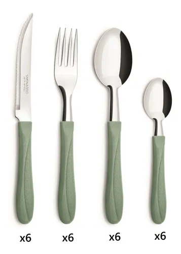 Juego Set 24 Cubiertos + Pote Simonaggio Verde Oliva