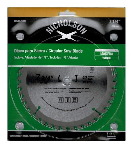 Disco Sierra Madera 7 1/4'' 40dts Ce 5/8'' Carburo Nicholson