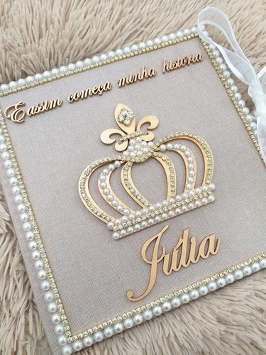 Imagem 2 de 9 de Livro Do Bebê Luxo Linho Coroa Lis Personalizado Com Nome
