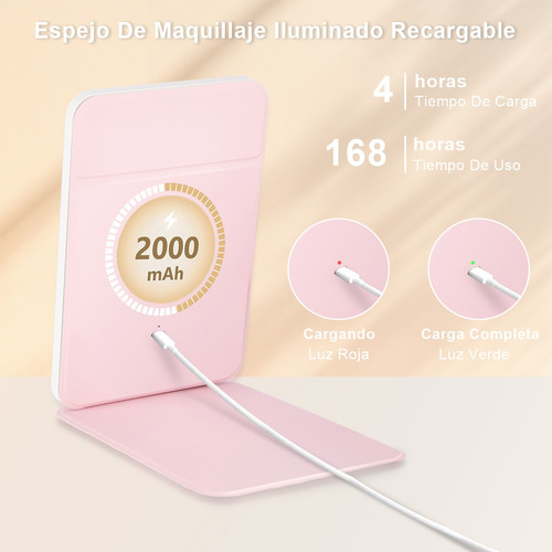 Espejo De Maquillaje Plegable Led De 3 Nivele Recargable Usb