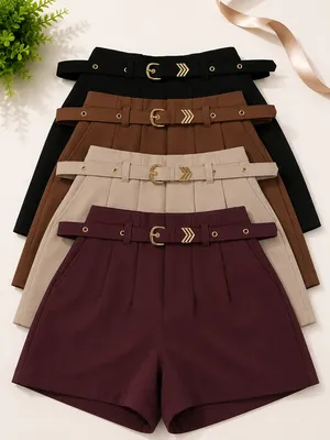 Kit 4 Short Feminino Social Cintura Alta P M G Gg Preto-marrom-bege-vinho Liso G