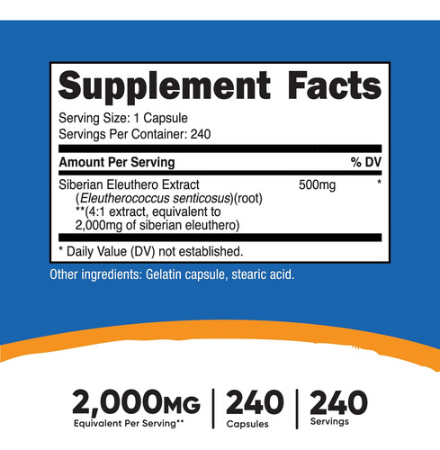 Suplemento Nutricost Siberian Eleuthero 500mg 240 Cápsulas