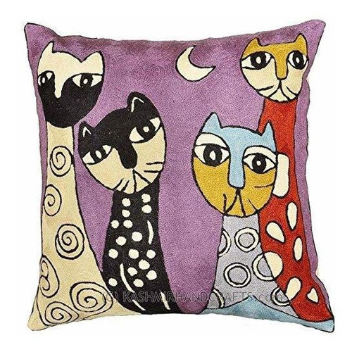 Funda Cojín Gato Bordado 18x18 Purpura