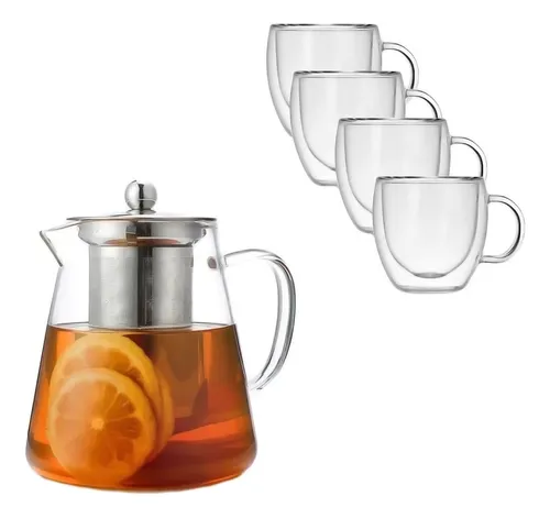 comprar Tetera Infusora Set + 4 Tazas Cafe Te 250 Ml Doble Pared
