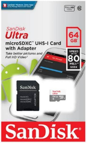 Memoria Sandisk Micro Sd 64gb 80 Mbs C10 Garantia 1 Año Orig