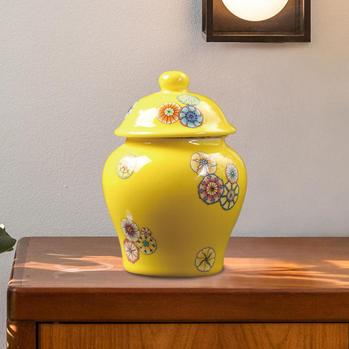 Jarrón De Estilo Oriental Con Tapa, Amarillo Amarillo