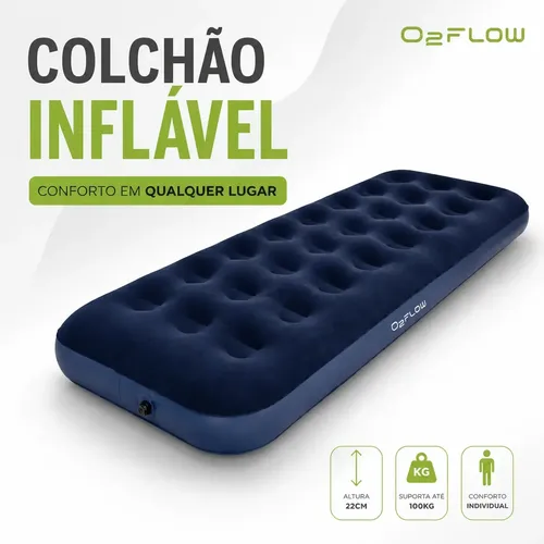 Colchão Inflável Solteiro Multiuso Aveludado O2flow Azul