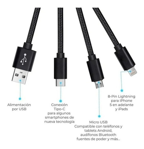 Cable Celular Reforzado 3-1 Micro Usb, Tipo C Y Lightning