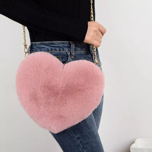 Bolso En Forma De Corazón De Felpa Con Cadena Para Dama