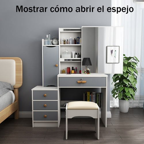 Tocador Multifuncional Con Espejo Led Cómoda Y 4 Cajones Blanco-gris