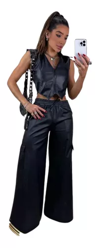 Calça Cargo Em Courino Moda Feminina Com Bolso Look Inverno