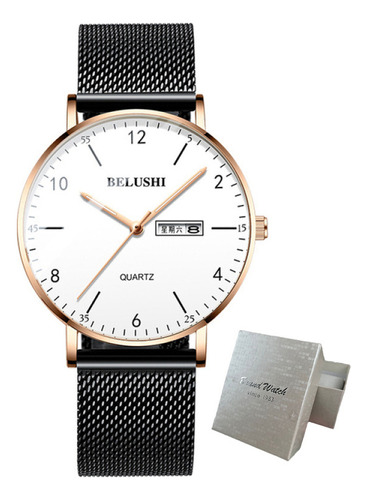 Reloj de pulsera Belushi 541 de cuerpo color sliver, analógico, para hombre, fondo blanco, con correa de acero inoxidable color, bisel color dorado y hebilla de gancho