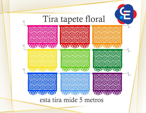 Tira De Banderines Papel Picado Motivo Tapete Floral 10 Pzas