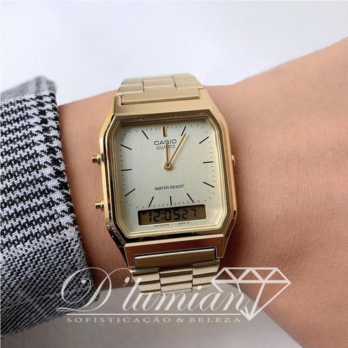 Imagem 5 de 10 de Relogio Casio Aq-230ga-9dmq Digital Analogico Dourado