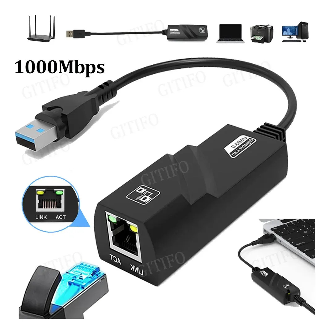 Adaptador Ethernet Usb 3.0 A Rj45 Gigabit Lan 1000 Mbps GITIFO para Laptop PC MacBook Windows Conexión
