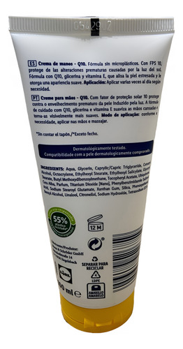 Crema De Manos Q10 Anti-edad Vitamina E Filtro Uv Fps10