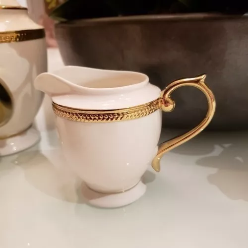 Conjunto para Chá Bule Açucareiro Leiteira Porcelana Paddy Branco e Dourado  3 Peças