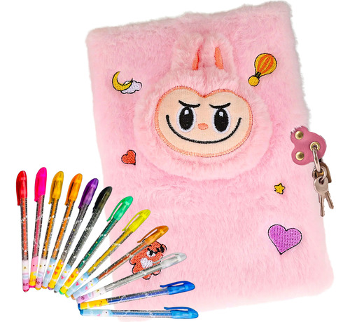 Diario Intimo Peluche + Lapiceras Glitter Candado Y Llaves Rosa Claro Fluffy 2025