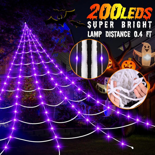 Tela De Araña Gigante Con 200 Luces Led Moradas 5m