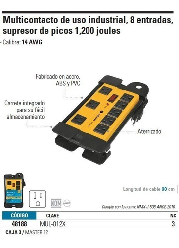 Multicontacto Uso Industrial 8 Entradas Supresor 1200 Joules