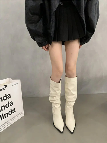 Botas Largas De Cuero Con Tacón Alto Y Punta Puntiaguda Para