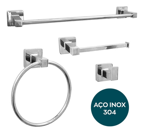 Kit Acessorio Banheiro Quadrado Suporte Papeleira Inox 4 Pçs