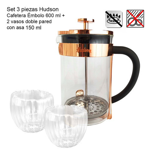 Set 3 Pz Cafetera Cobre 600 + 2 Tazas Termicas Hudson Bz3