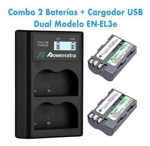 Combo 2 Baterias En-el3e Para Nikon + 1 Cargador Usb Dual