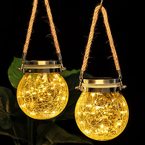 Solar Lantern Crackle Glass Ball, Garden Lights Hanging...