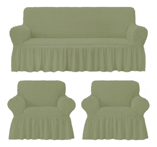 Cubre Sofa Sillón 100% Algodón Turco 3+1+1 Color Verde Claro Lisa Diseño 8