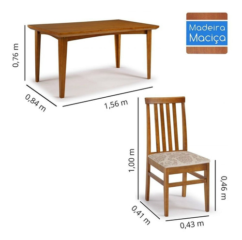 Conjunto De Mesa Madeira Maciça Com 6 Cadeiras União - Mel