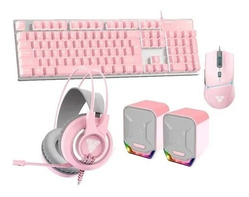 Kit Gamer Rosa Fantech Auriculares Parlantes Teclado Mouse