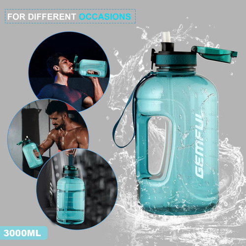 Botella De Agua Deportiva Grande De 3 Litros Con Pajita, Sin