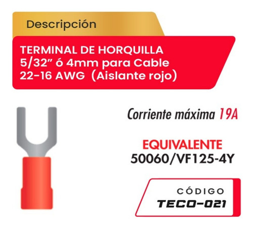 Terminal De Horquilla 5/32  Para Cable 22-16awg Teco-021 Red