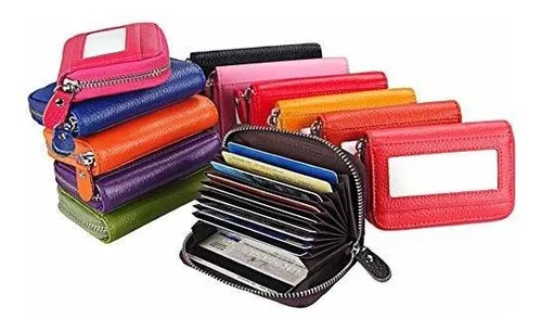 Billetera De Dama Cartera De Acordeón De Cuero Con Bloqueo