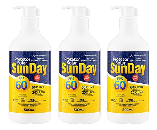 Kit 3 Protetor Solar Sunday Fps 60 500ml.