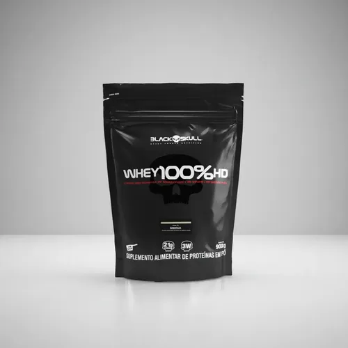 Embalagem refil preta de 900g do suplemento Whey 100% HD da marca Black Skull, sabor Cookies & Cream