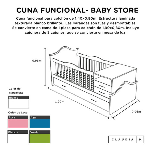 Cuna Cama Funcional Cajonera Baulera Cambiador Infantil Bebe
