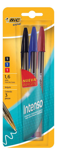 Bolígrafo Bic Cristal Intenso 1.6 Mm Colores Clásicos 3 Pzas Tinta Clásico Exterior Clásico