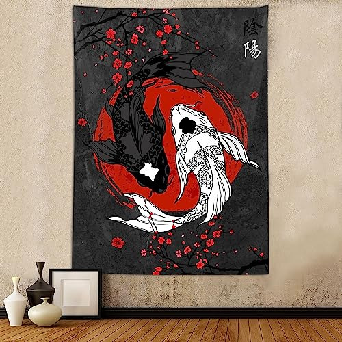 Tapiz De Peces Koi Yin Yang Japonés, Arte De Cerezos D...