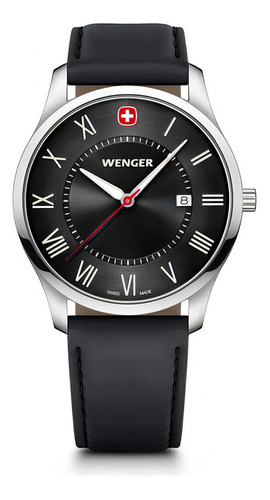 Reloj City Classic Correa De Cuero Negro, Dial Negro, Wenger Color De La Correa Negro Color Del Bisel Plateado Color Del Fondo Negro