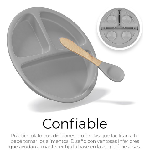 Set De Cubiertos Para Bebés Silicona Plato Antideslizante Color Gris Liso Personaje Ninguno