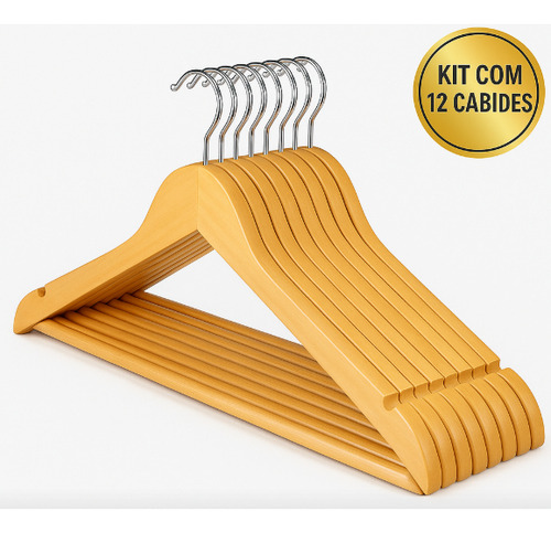Kit 12 Cabides Madeira Envernizados Com Rachadura