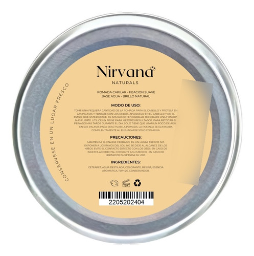 Pomada Para Cabello Nirvana Naturals Fijación Suave 100 Gr