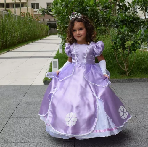 Vestido Infantil Lilás Lavanda Princesa Sofia Jasmine Ariel Tiara Luvas  Fantasia Carnaval Aniversário Temático Princesas Presente Menina Festa Luxo  Rodado